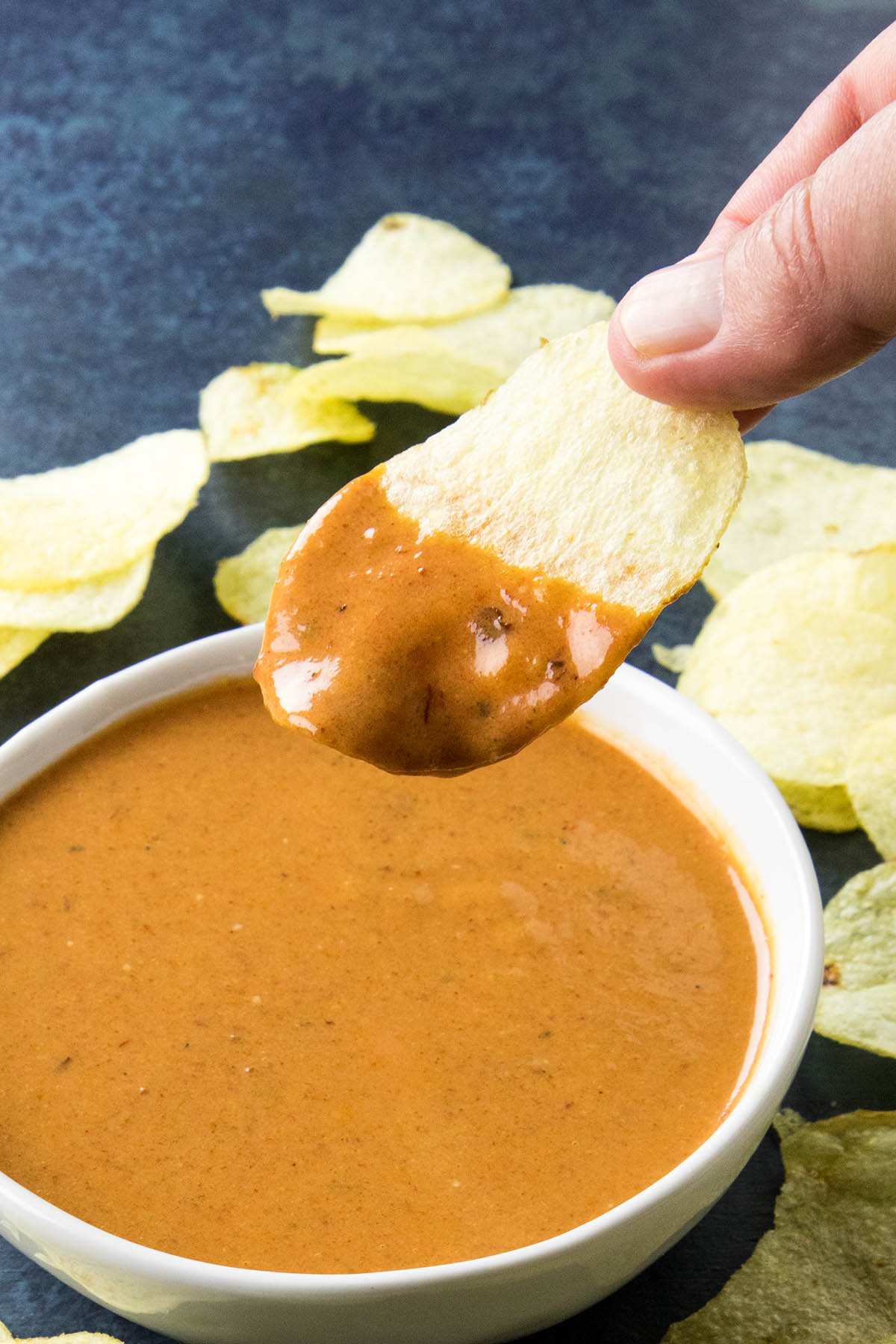 Dipping another chip into the delicious Chipotle Honey Mustard Dip.