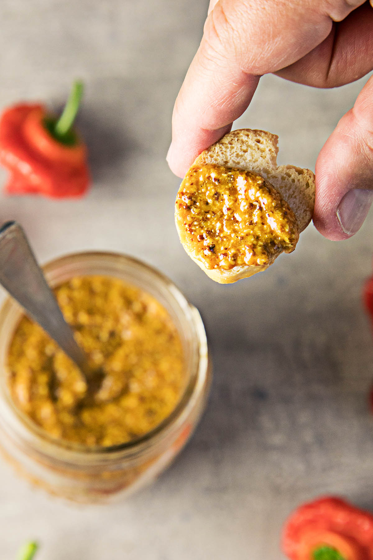 Holding a cracker with the Homemade Chipotle-Honey Mustard on top of it