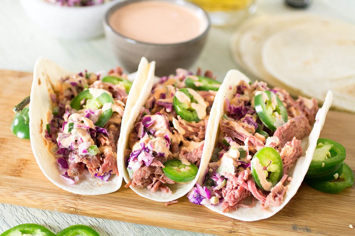 Corned Beef Tacos with Creamy Cabbage Slaw - Recipe