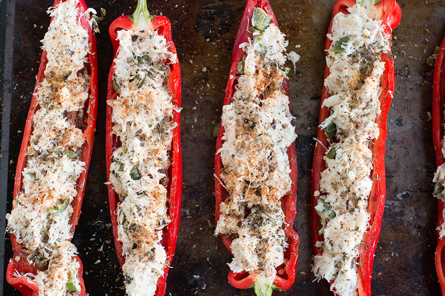 Crab Stuffed Peppers with Lemon-Basil Butter ready for cooking