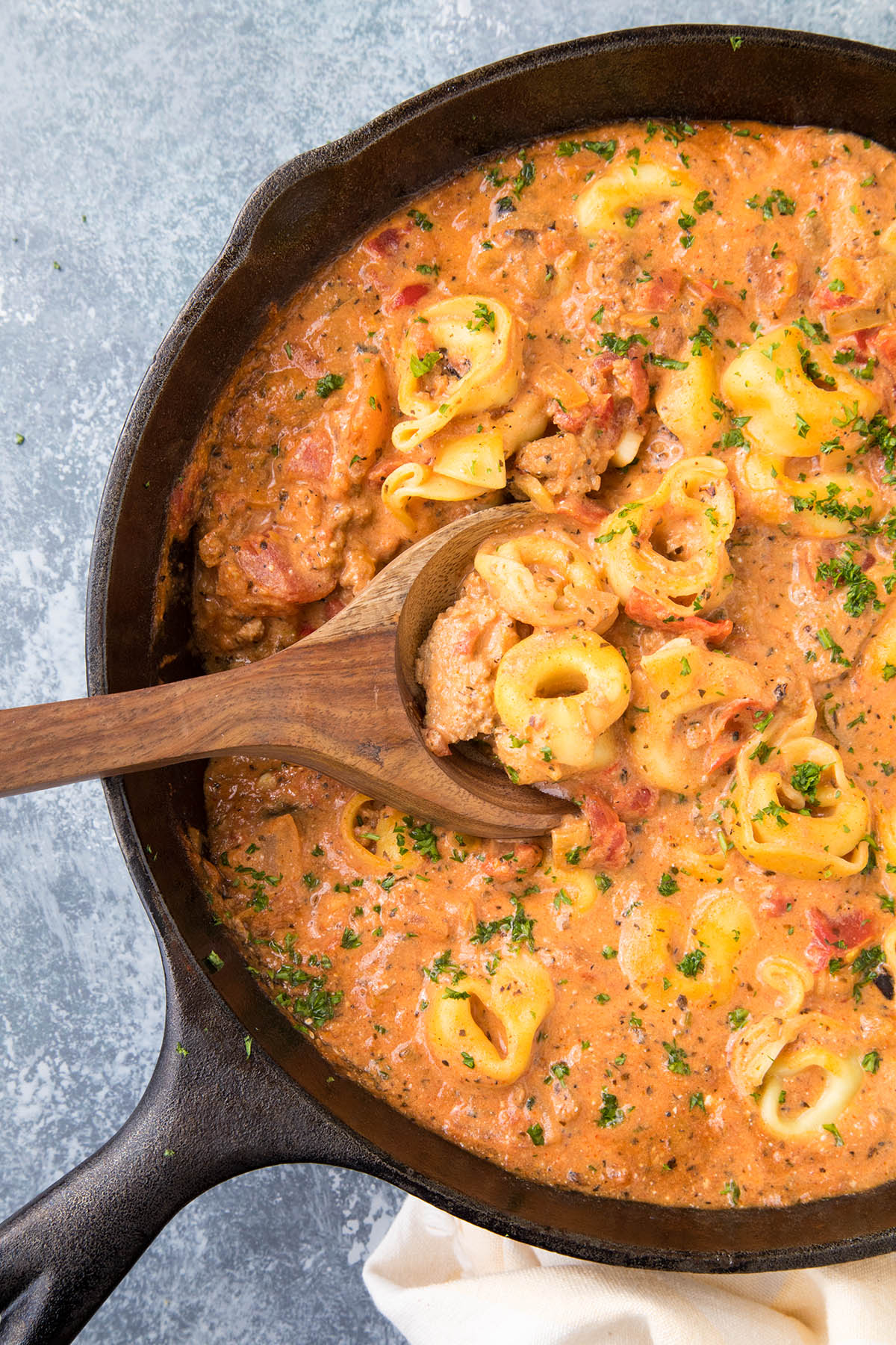 A Big Pan of Creamy Tortellini Pasta with Fire Roasted Tomatoes