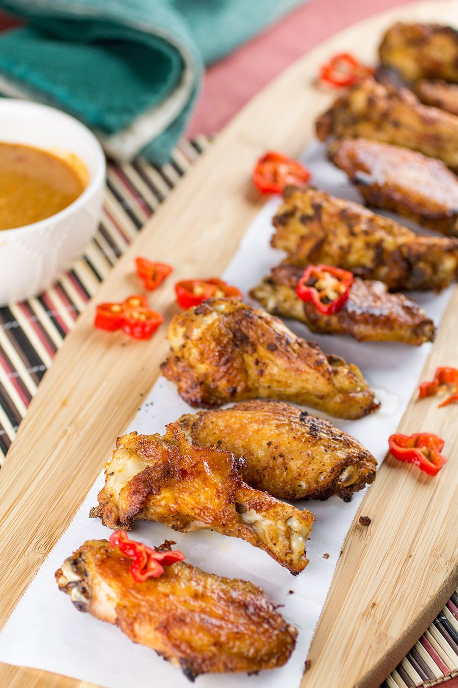 Crispy Baked Ghost Pepper Chicken Wings with Buffalo-Blue Cheese Sauce.