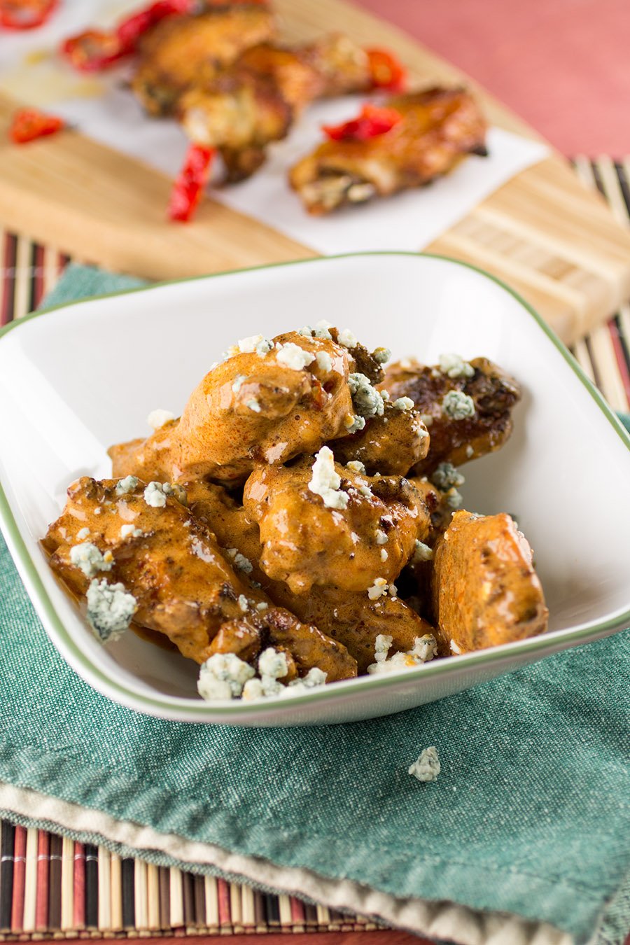 Crispy Baked Ghost Pepper Chicken Wings with Buffalo-Blue Cheese Sauce served