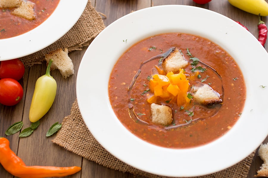 Fresh Tomato Chili Gazpacho ready and served at home