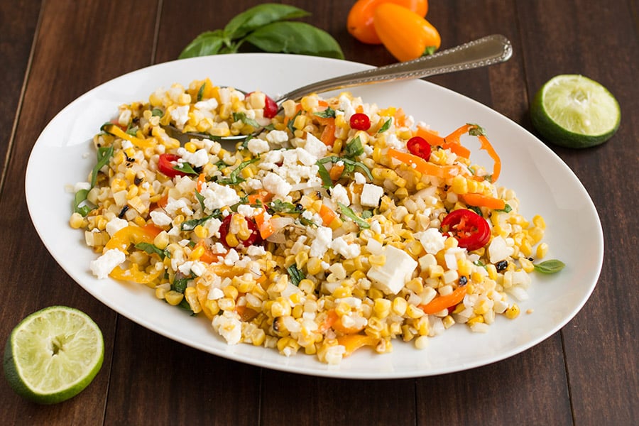 Grilled Corn Salad with Feta and Sweet Peppers looking super delicious