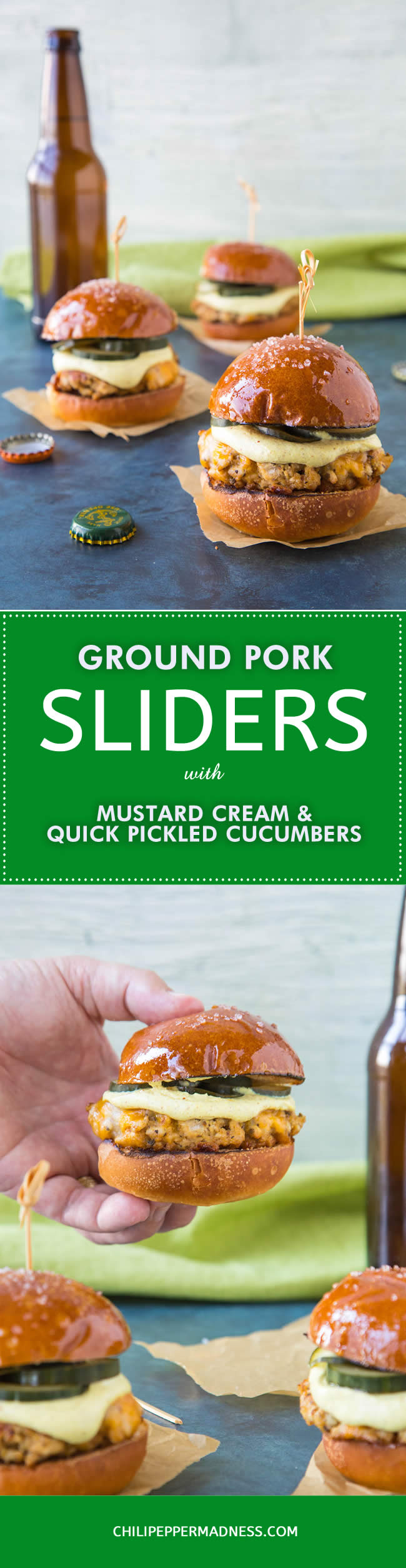 Ground Pork Sliders with Mustard Cream and Quick Pickled Cucumbers - Recipe