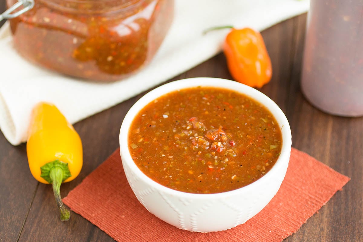 Homemade Picante Sauce in a small white bowl.