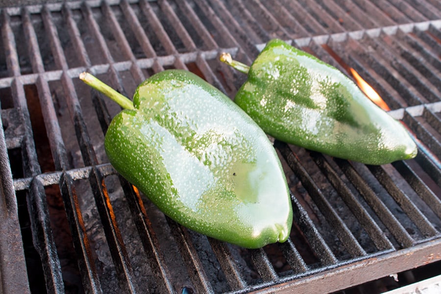 Two poblano peppers on the grill.