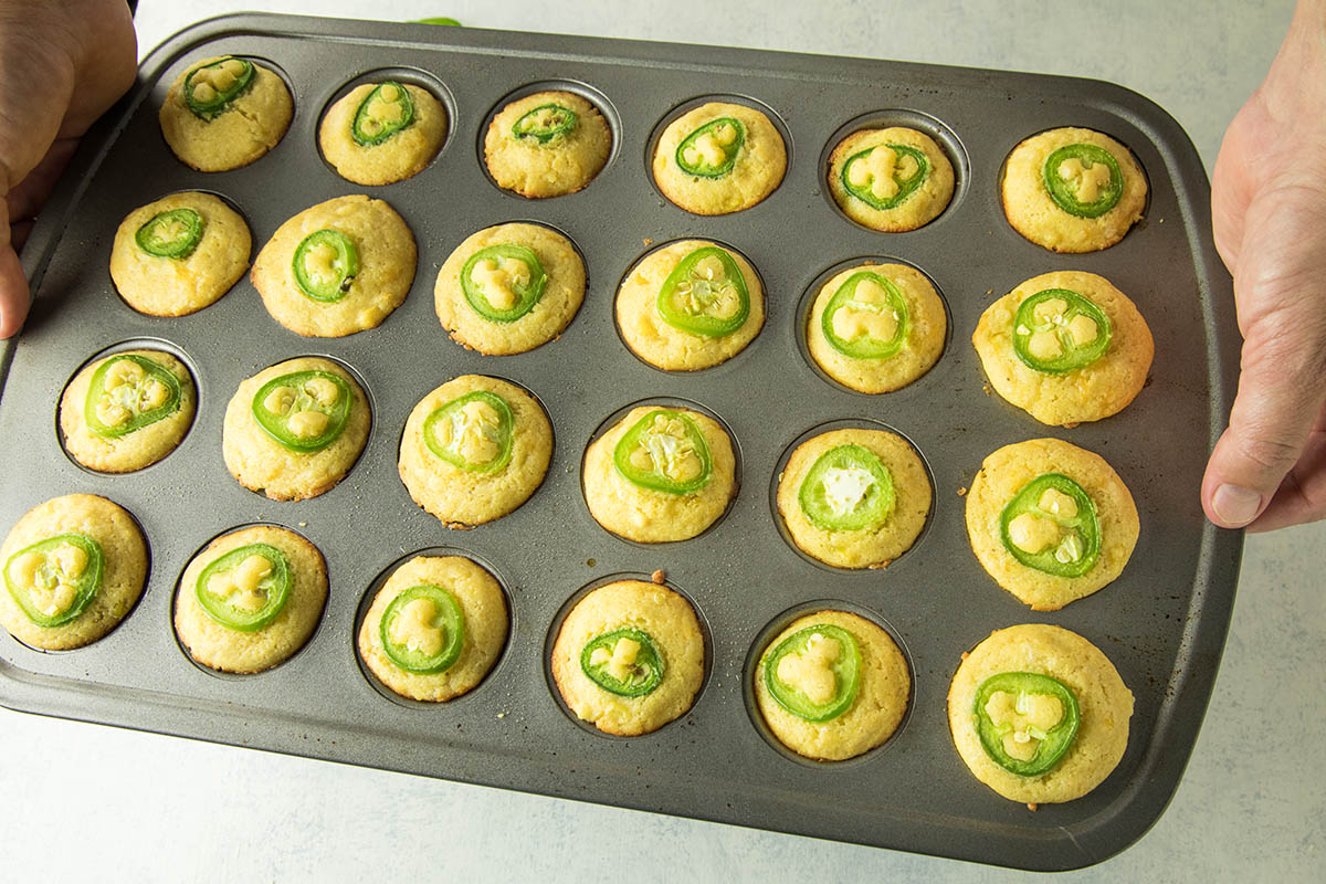 A tray full of the Cheesy Jalapeno Popper Cornbread Muffins.