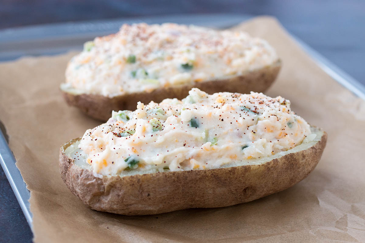 Cooking the Jalapeno Popper Twice Baked Potatoes at home.