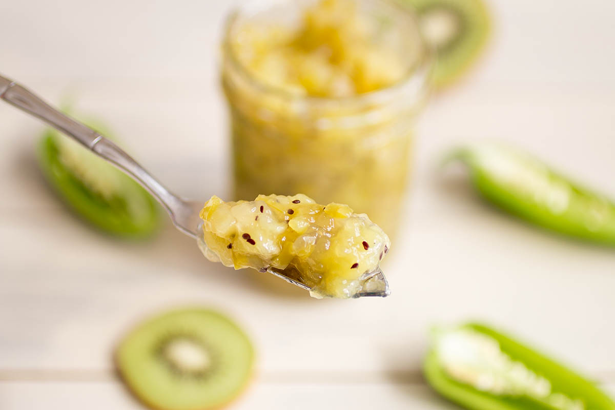 A spoonful of the delicious Kiwi-Jalapeno Jam