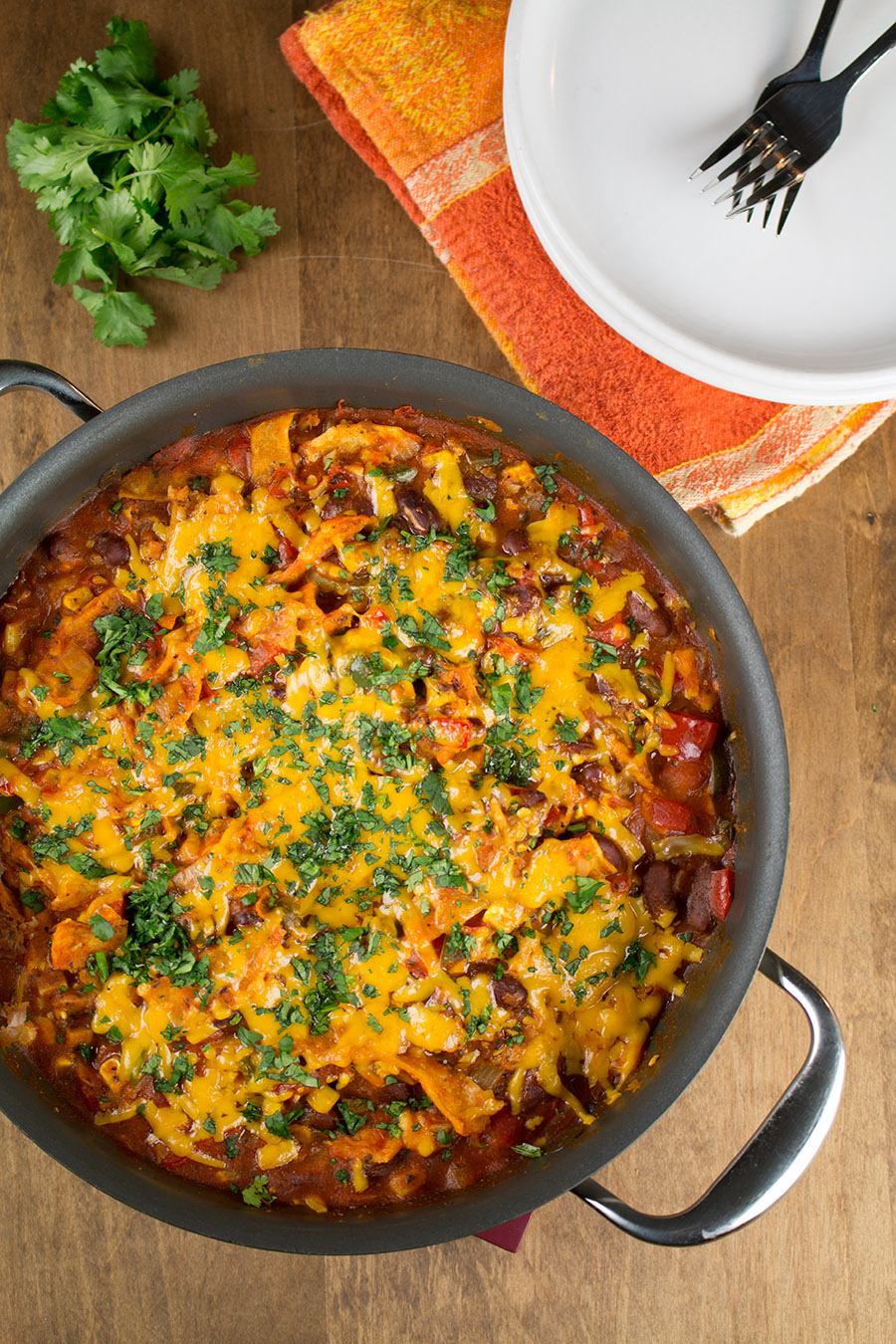 One-Pot Meatless Enchilada Casserole served in a big skillet