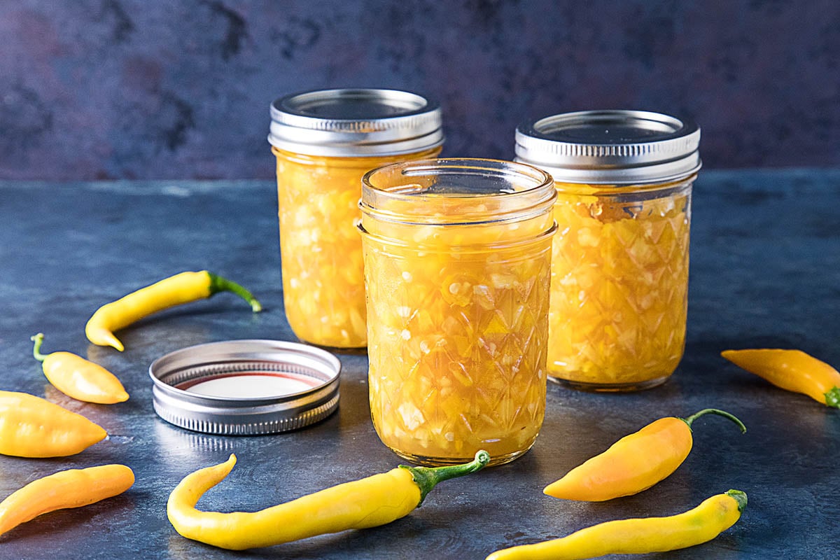 Pineapple-Mango-Hot Pepper Jam served in jars