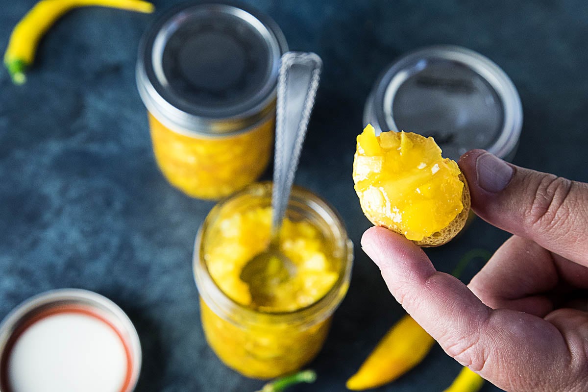 Giving the Pineapple-Mango-Hot Pepper Jam a first bite