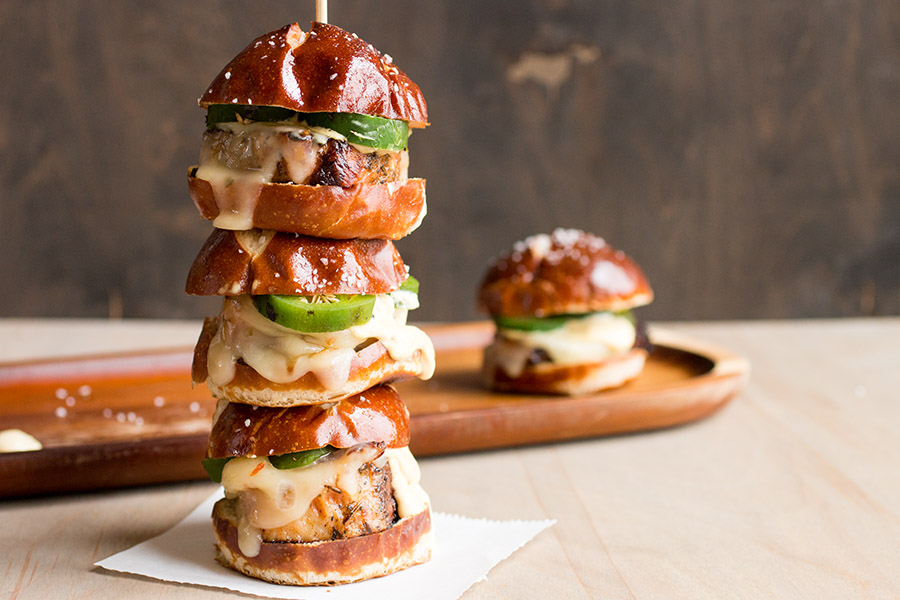 A big tower of the delicious Pork Sliders with Creamy Honey Mustard