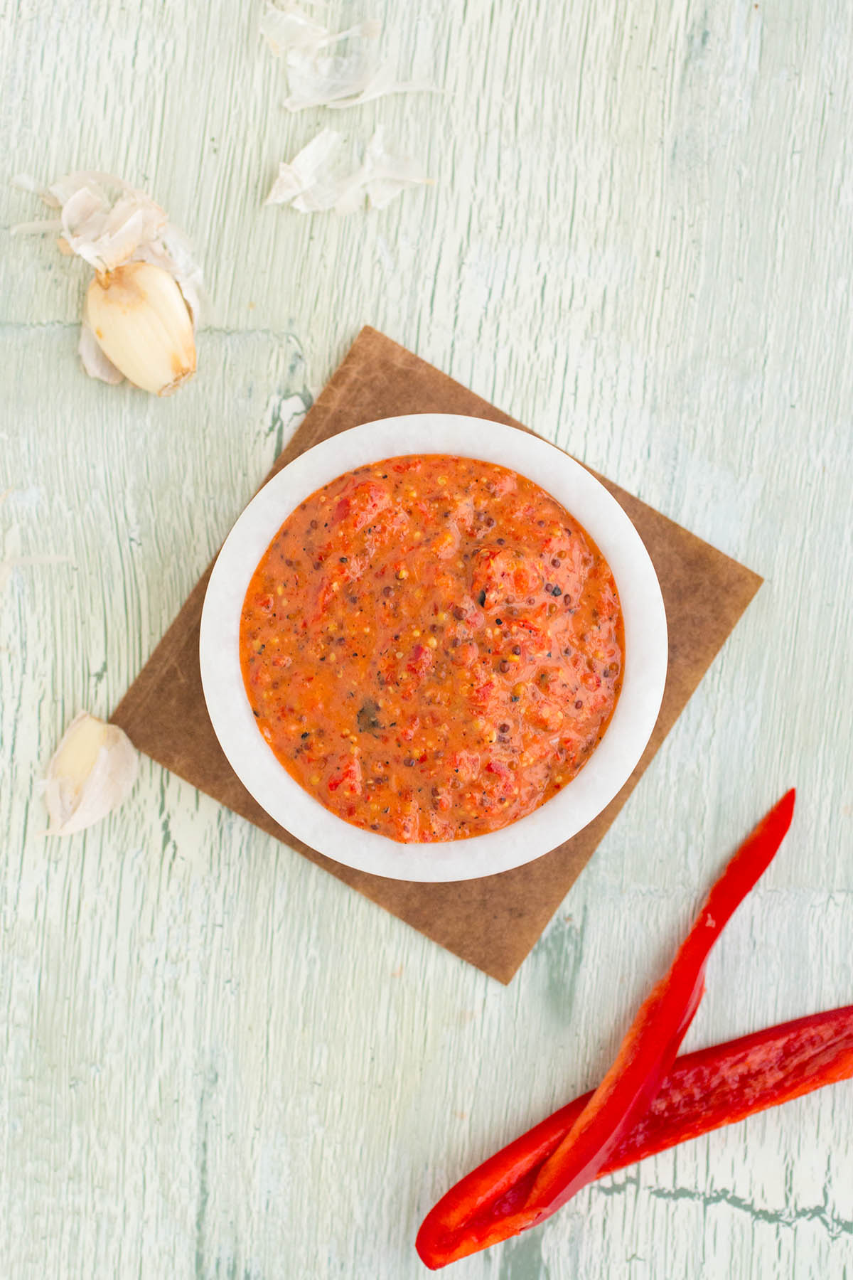 Roasted Red Pepper Remoulade served in a white bowl