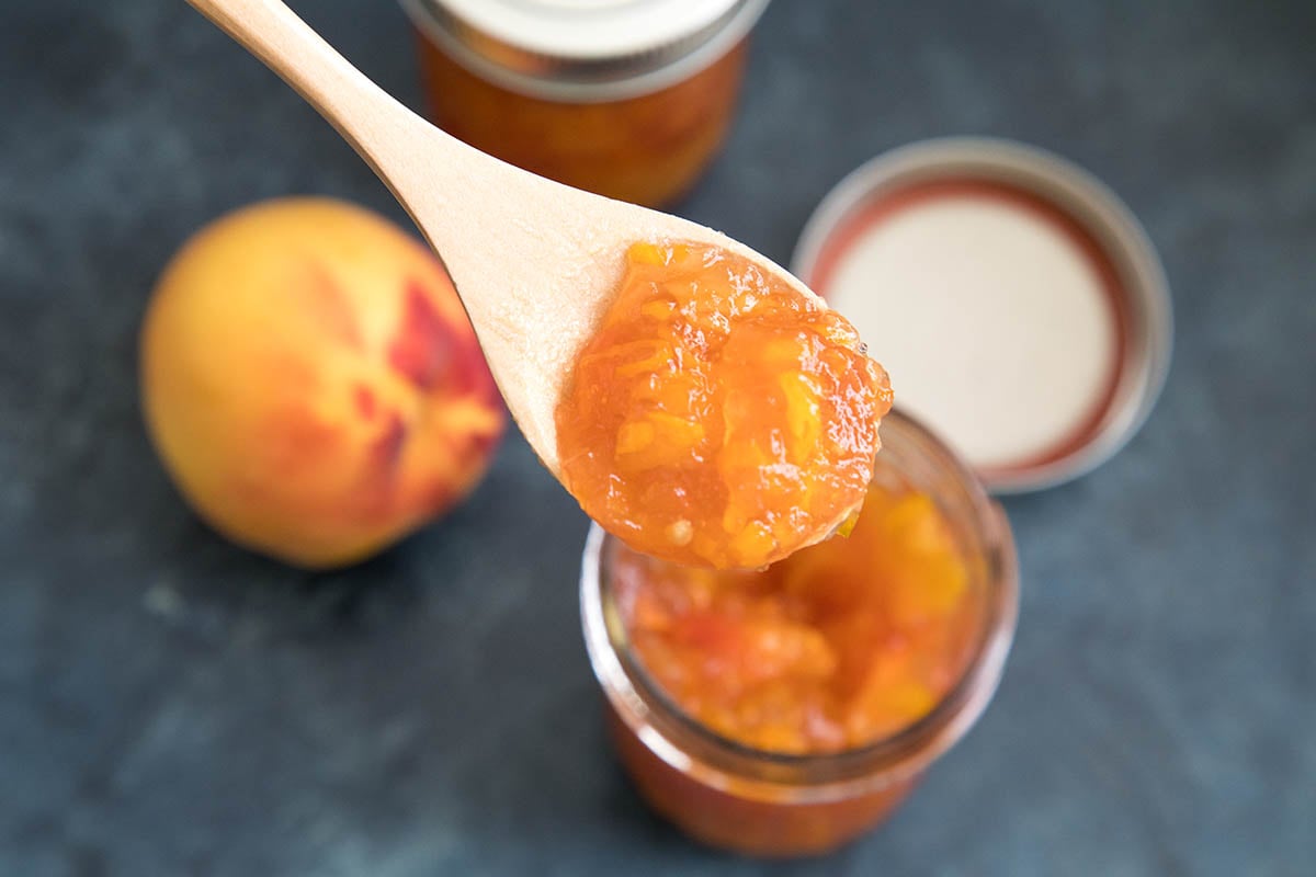 A spoonful of the homemade Scotch Bonnet-Peach Pepper Jam