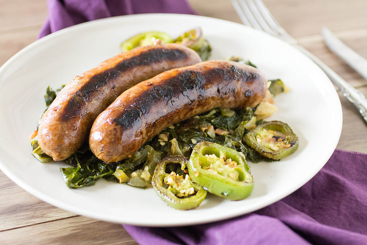 Seared Sausages with Mustard Greens and Peppers Chili Pepper Madness