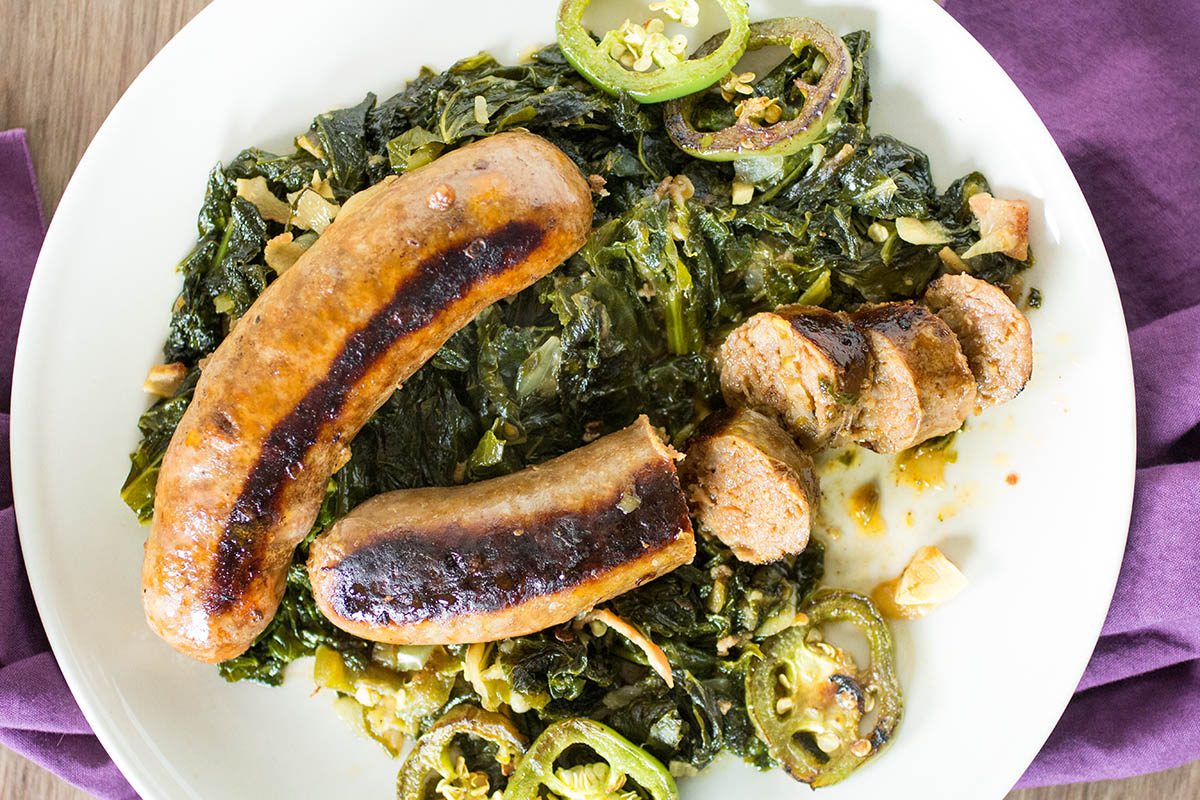 Seared Sausages with Mustard Greens and Peppers Chili Pepper Madness