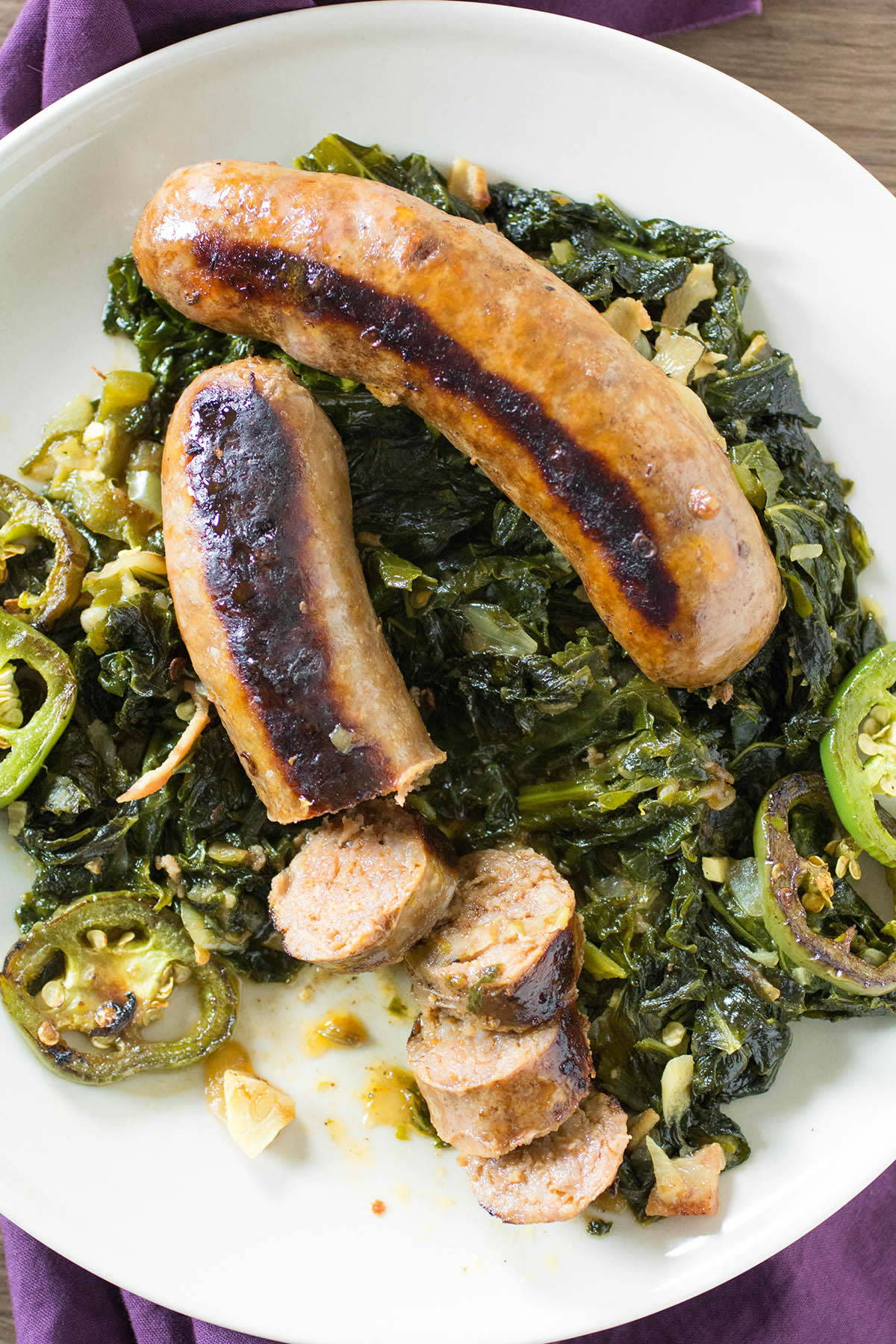 Seared Sausages with Mustard Greens and Peppers Chili Pepper Madness