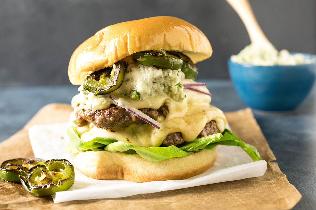 Homemade Smashburgers with Charred Serrano-Blue Cheese Butter ready 