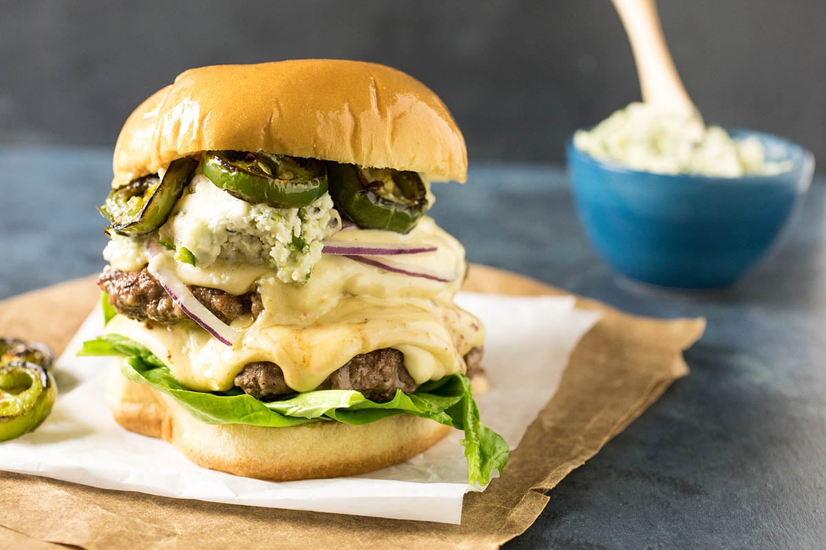 One of the Smashburgers with Charred Serrano-Blue Cheese Butter 