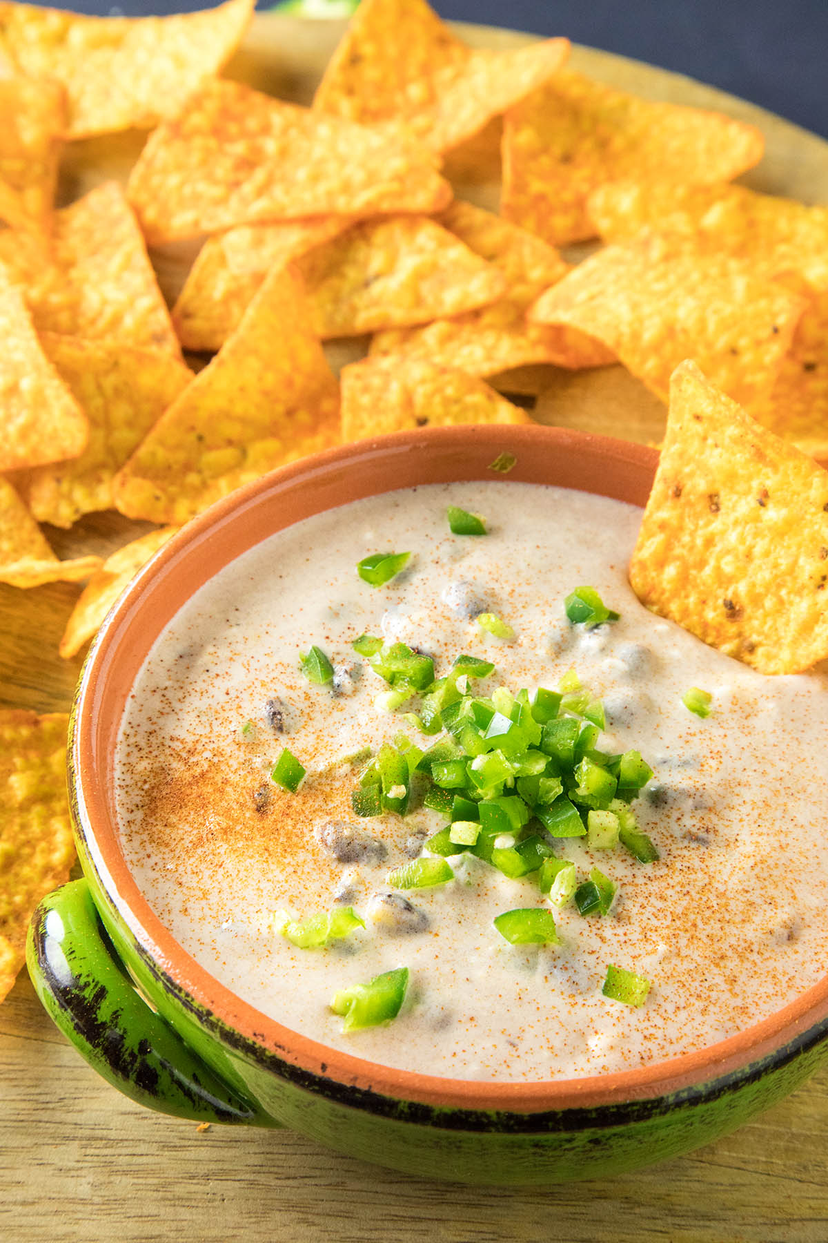 Southwest Style Cheese Dip served with chips.