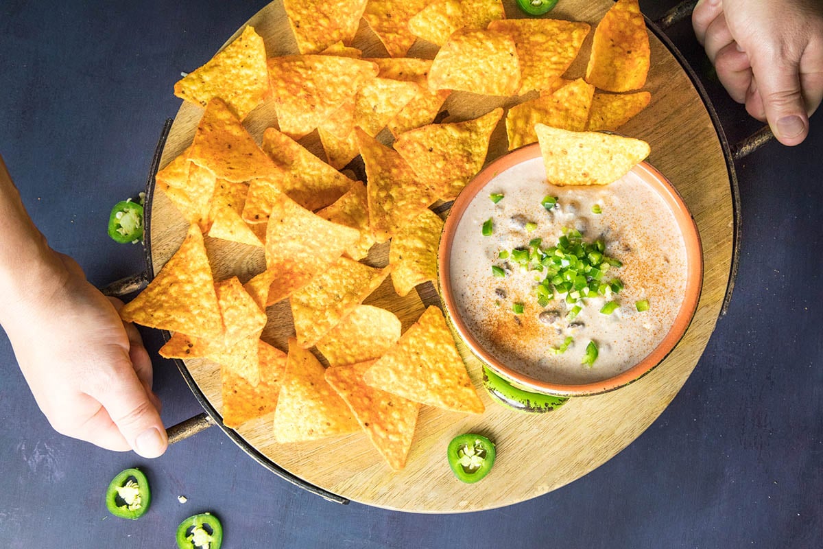 Southwest Style Cheese Dip on a tray.