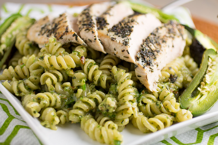 Spicy Chicken Pesto Pasta served at home