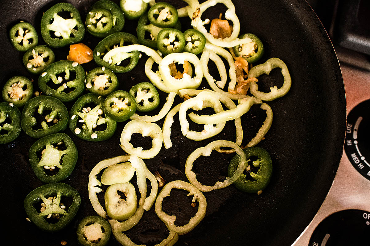 Sauteeing pepers in a big skillet