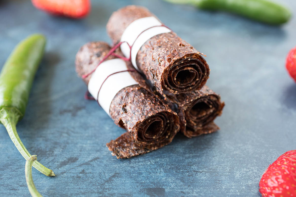 Spicy Strawberry Fruit Roll Ups stacked on top of each other