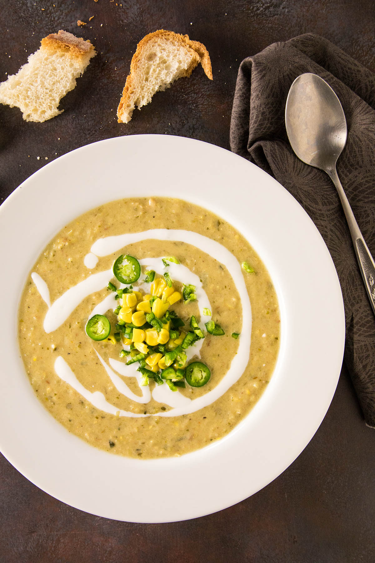 Sweet Pepper-Sweet Corn Chowder served with bread.