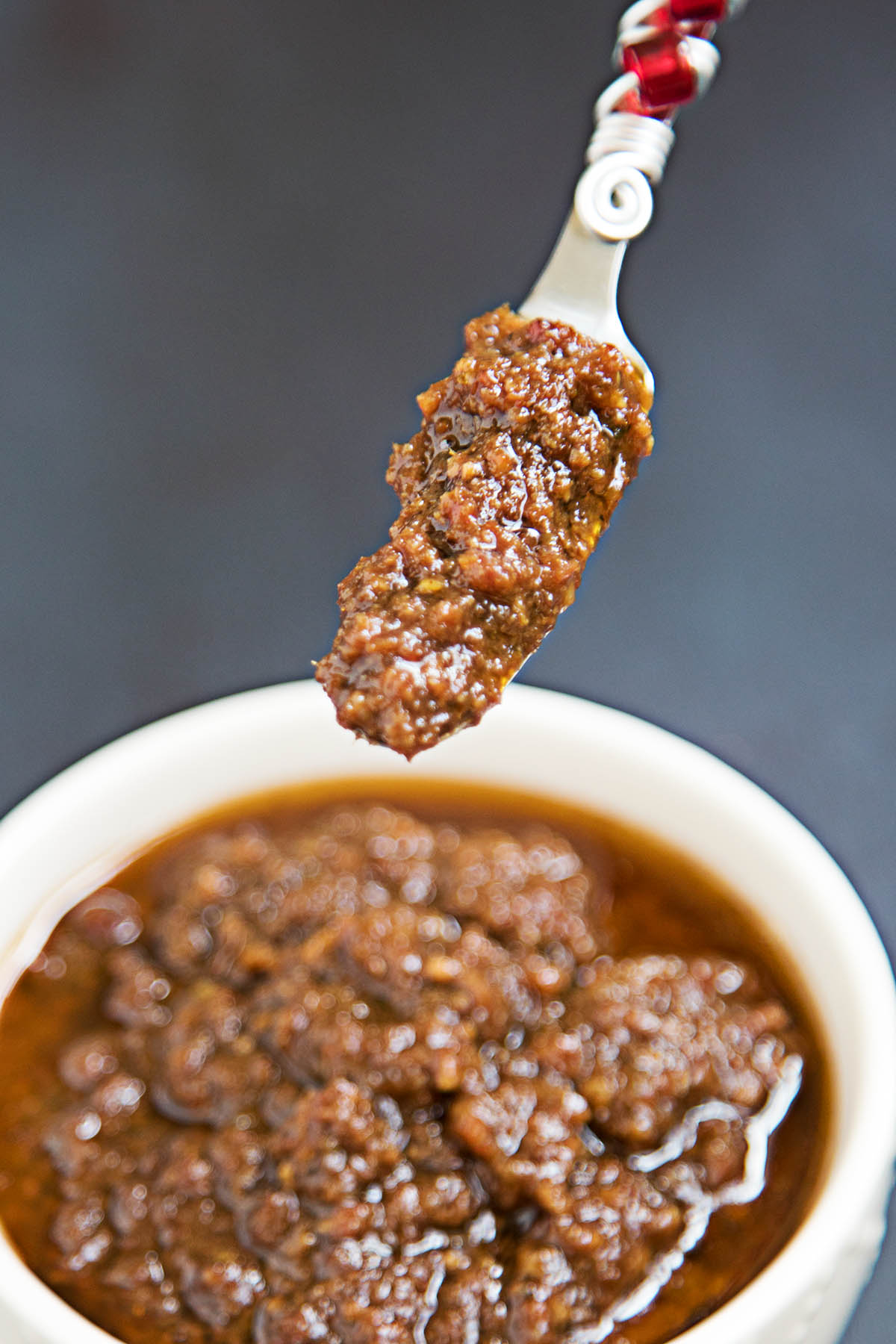 A knife full of the Tabasco Onion-Bacon Jam.