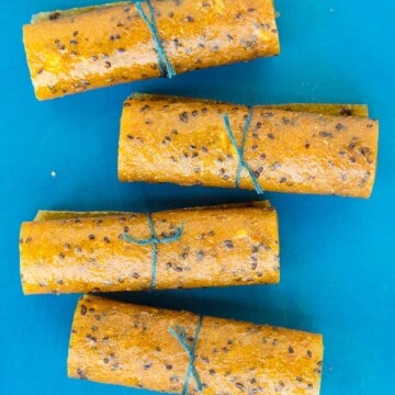 Homemade Tropical Fruit Leather (Fruit Roll Ups) made with a dehydrator, with star fruit, kiwi and mango.