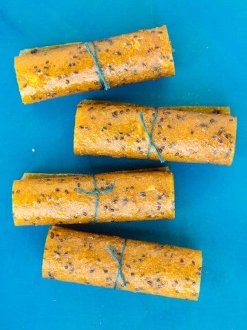Homemade Tropical Fruit Leather (Fruit Roll Ups) made with a dehydrator, with star fruit, kiwi and mango.