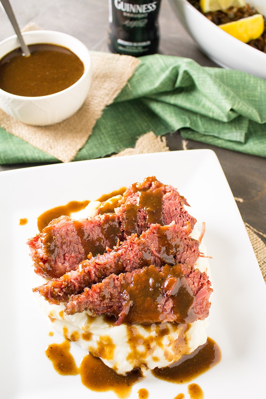 slow cooked corned beef with spicy guinness gravy and caramelized cabbage