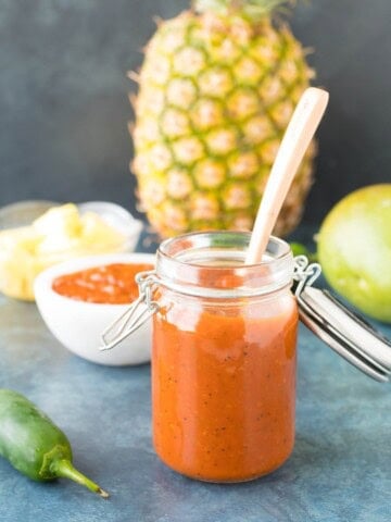 Pineapple-Mango Ketchup served in a jar