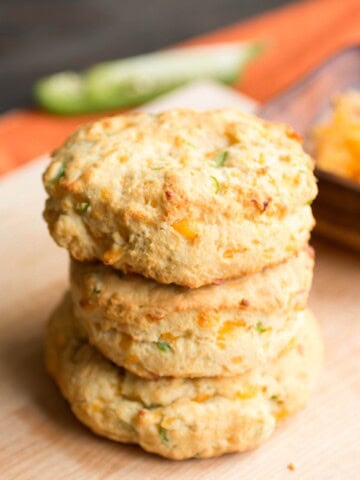 A stack of the delicious Homemade Cheddar-Jalapeno Biscuits