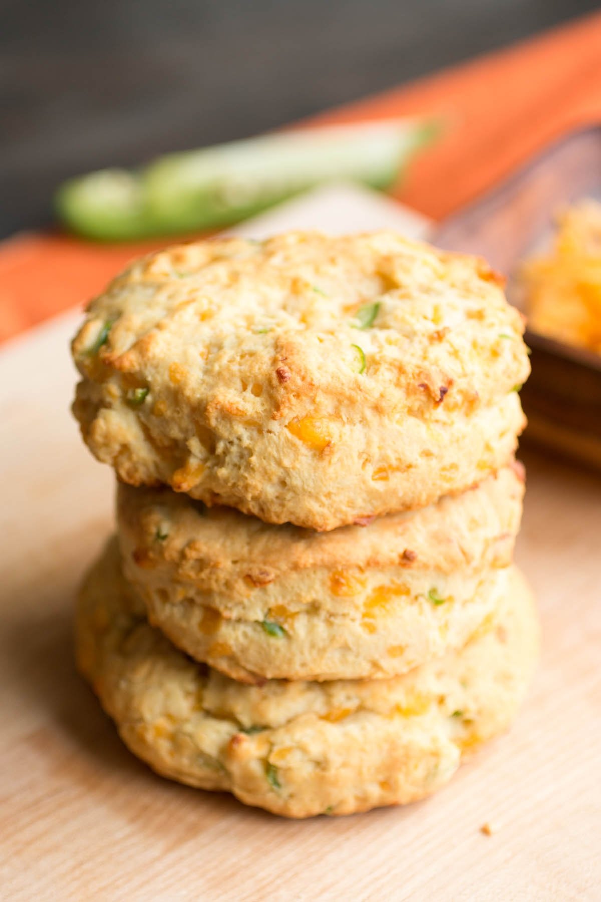 A stack of the delicious Homemade Cheddar-Jalapeno Biscuits