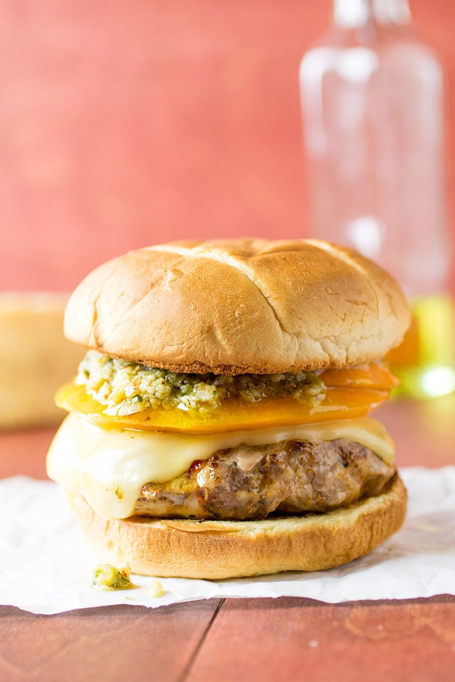 grilled italian chicken-pork burgers with pesto