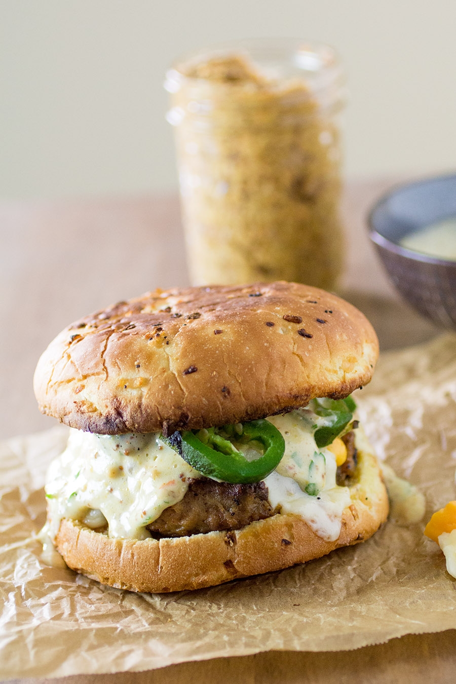 tnt pork burgers with ghost pepper-mustard aioli