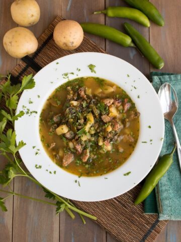 Beer Brat Soup with Potatoes, Peppers and Swiss Chard