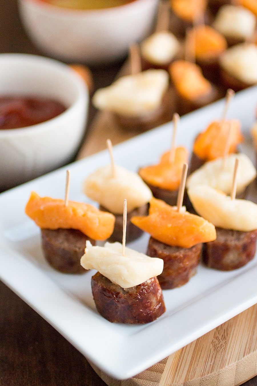 grilled sausage-cheese bites with two easy dippers