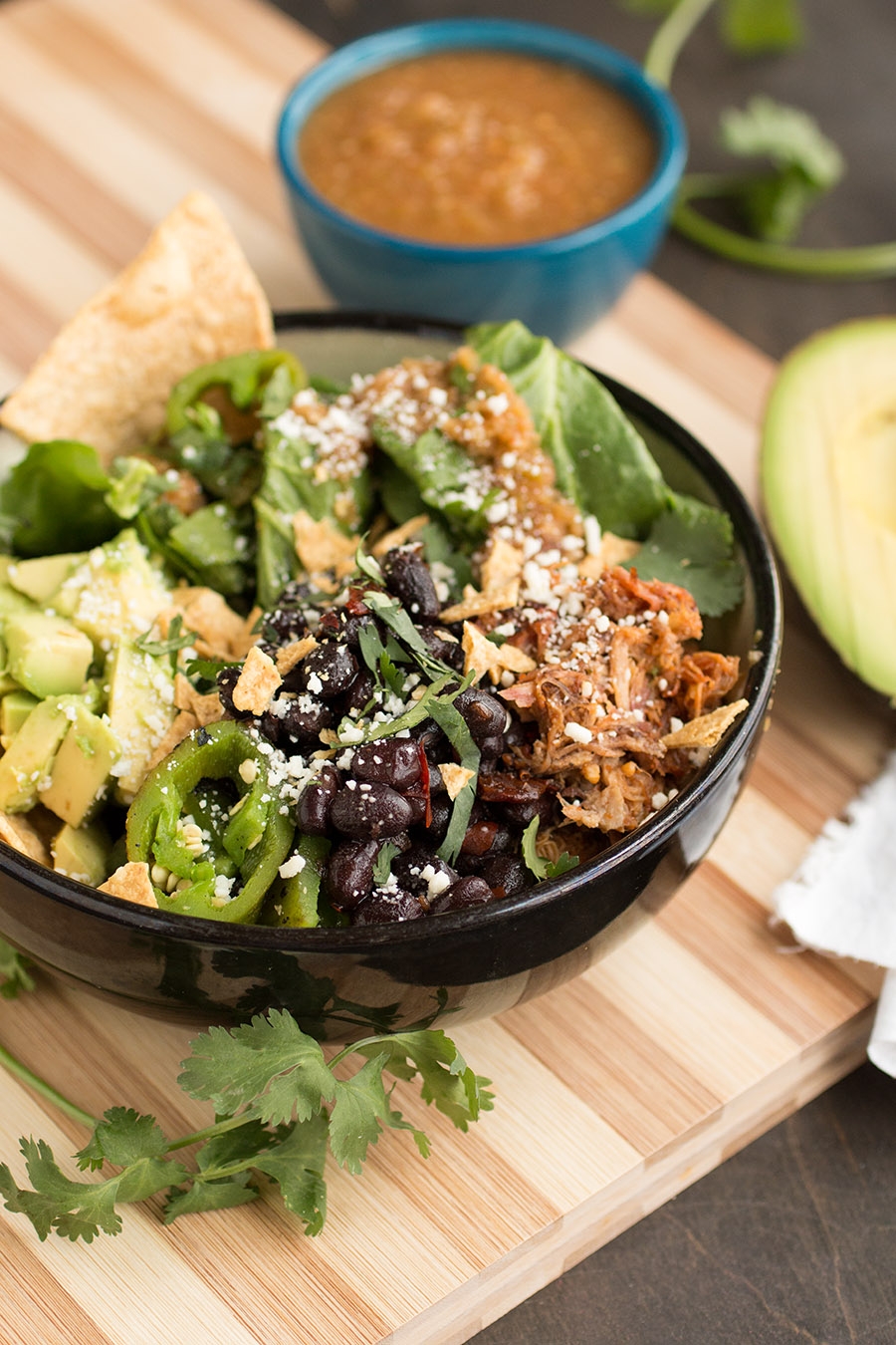 burrito bowls with shredded pork and black beans