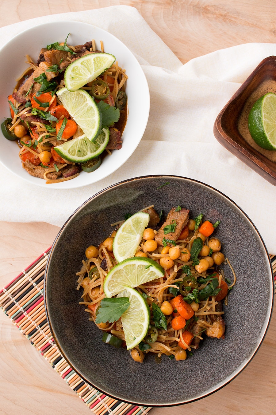 spicy beef stir fry with serranos, carrots and chickpeas