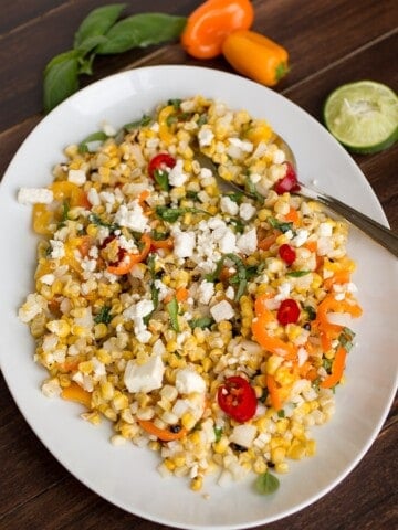 Grilled Corn Salad with Feta and Sweet Peppers served