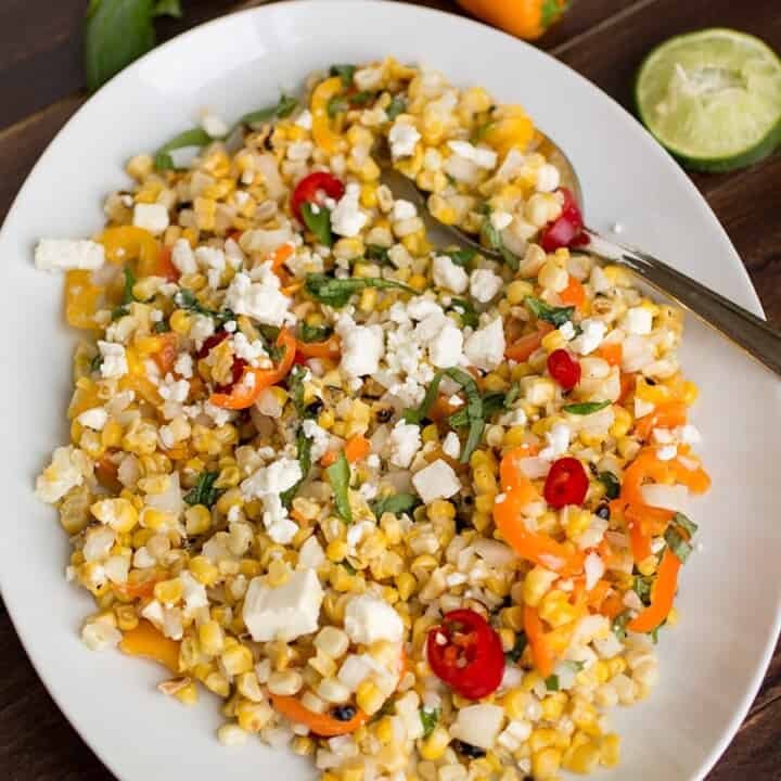 Grilled Corn Salad with Feta and Sweet Peppers served