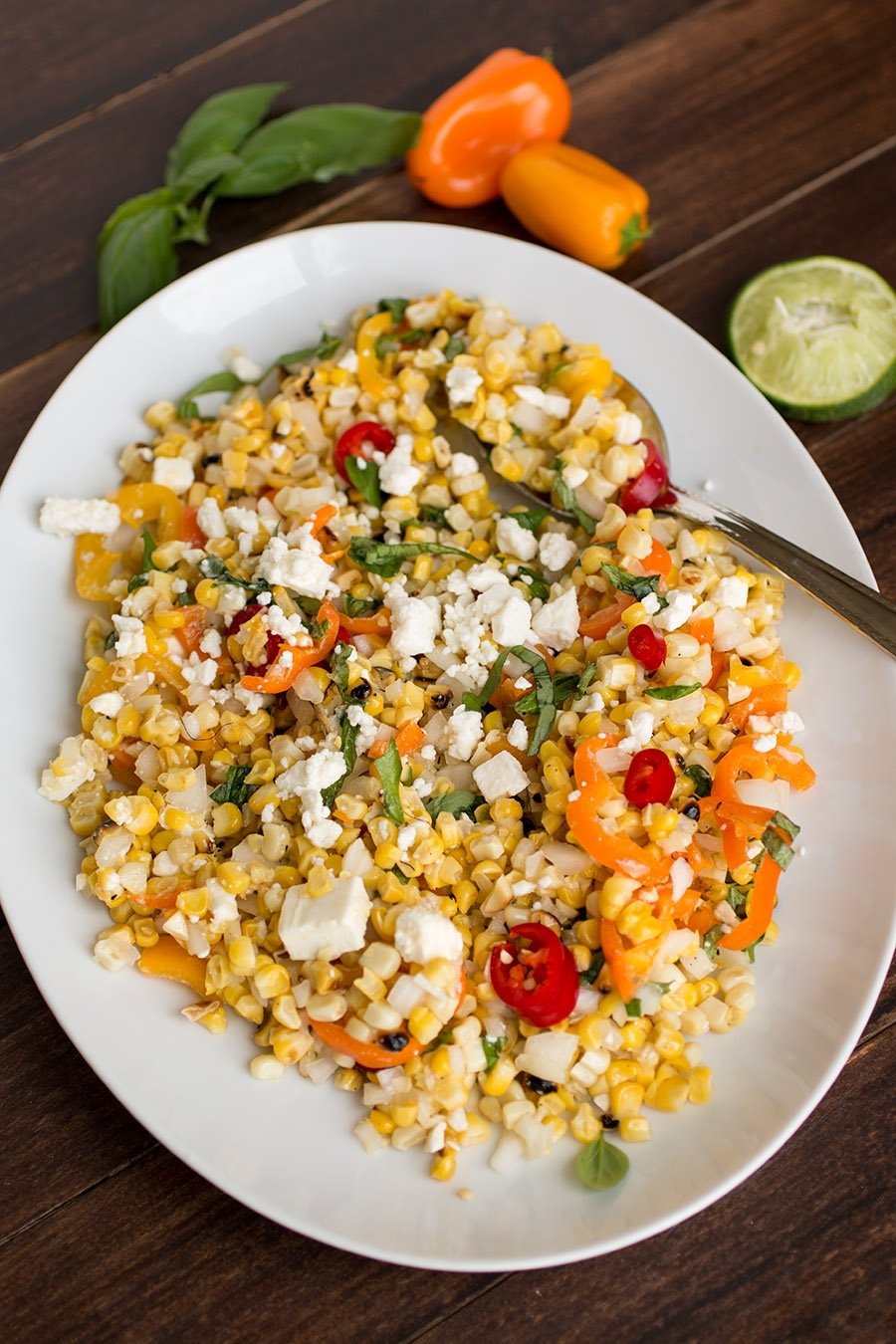 Grilled Corn Salad with Feta and Sweet Peppers served