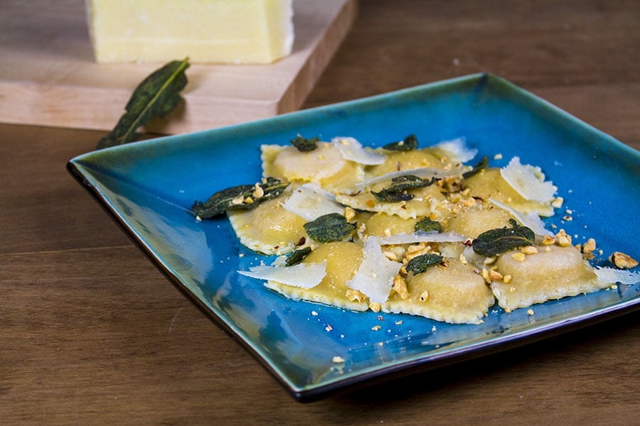 butternut squash-jalapeno ravioli with brown butter and sage