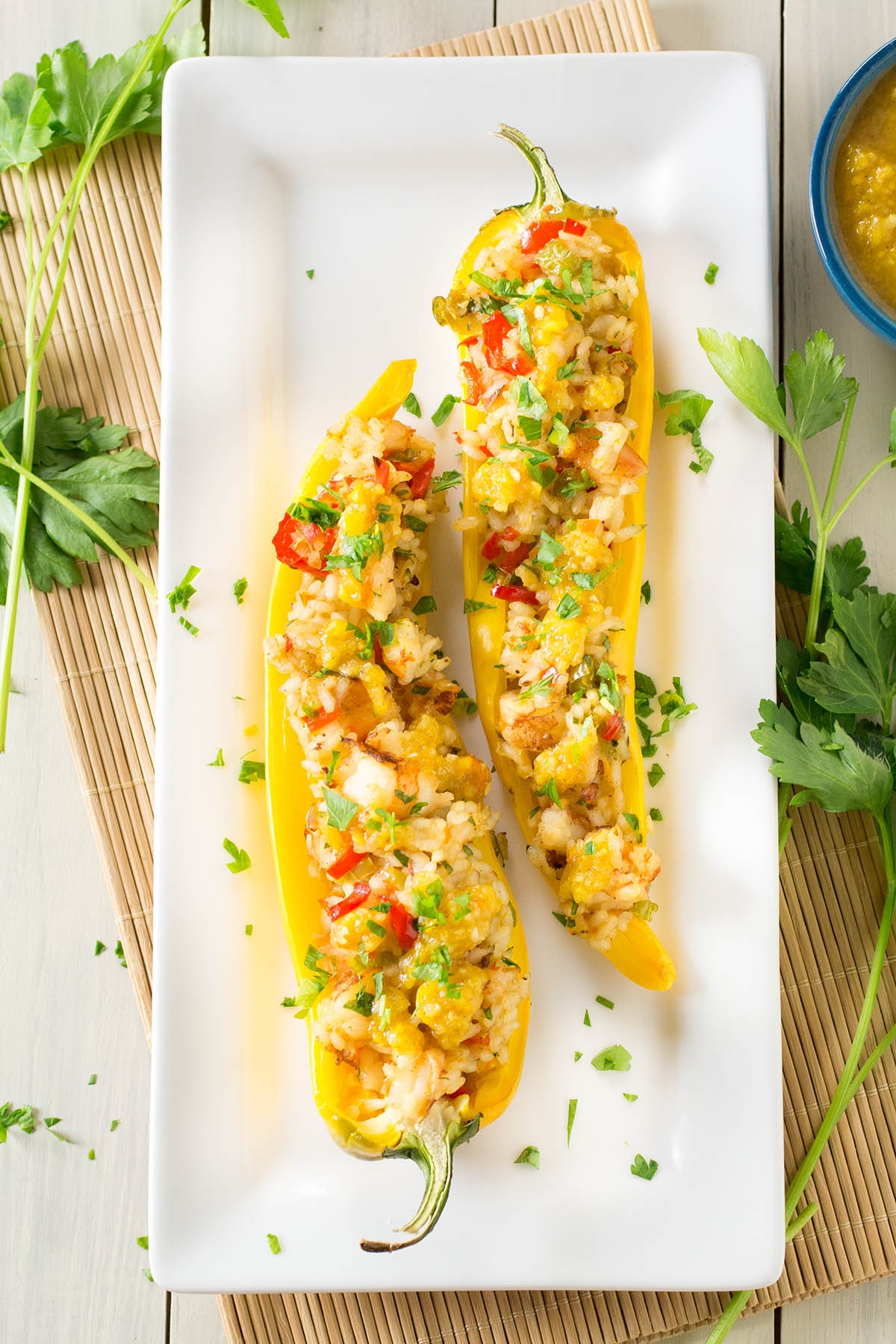 Caribbean Coconut Rice and Shrimp Stuffed Peppers served